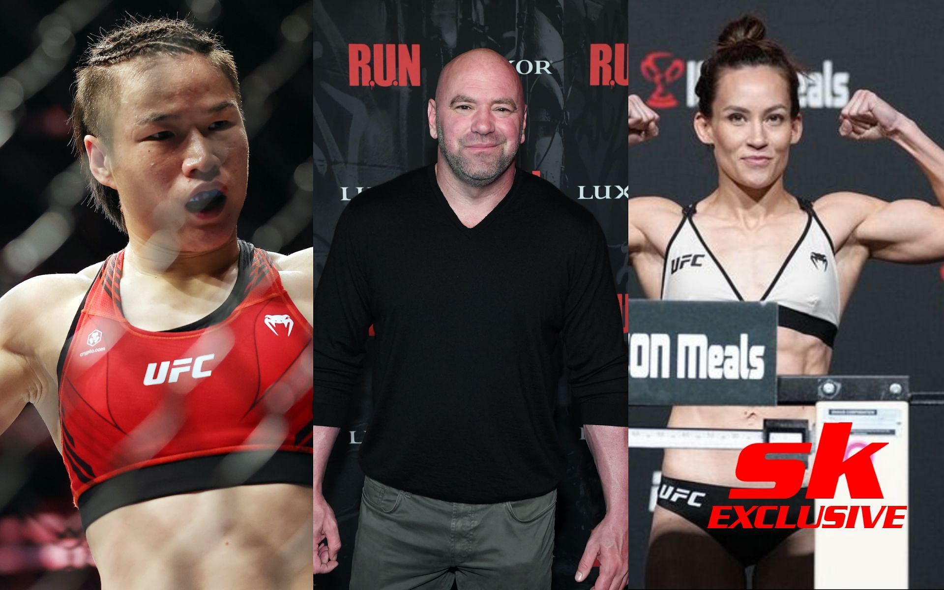 From the left- Zhang Weili, Dana White, Jinh Yu Frey [Image credits: Getty Images and @jinhyufrey on Instagram] 