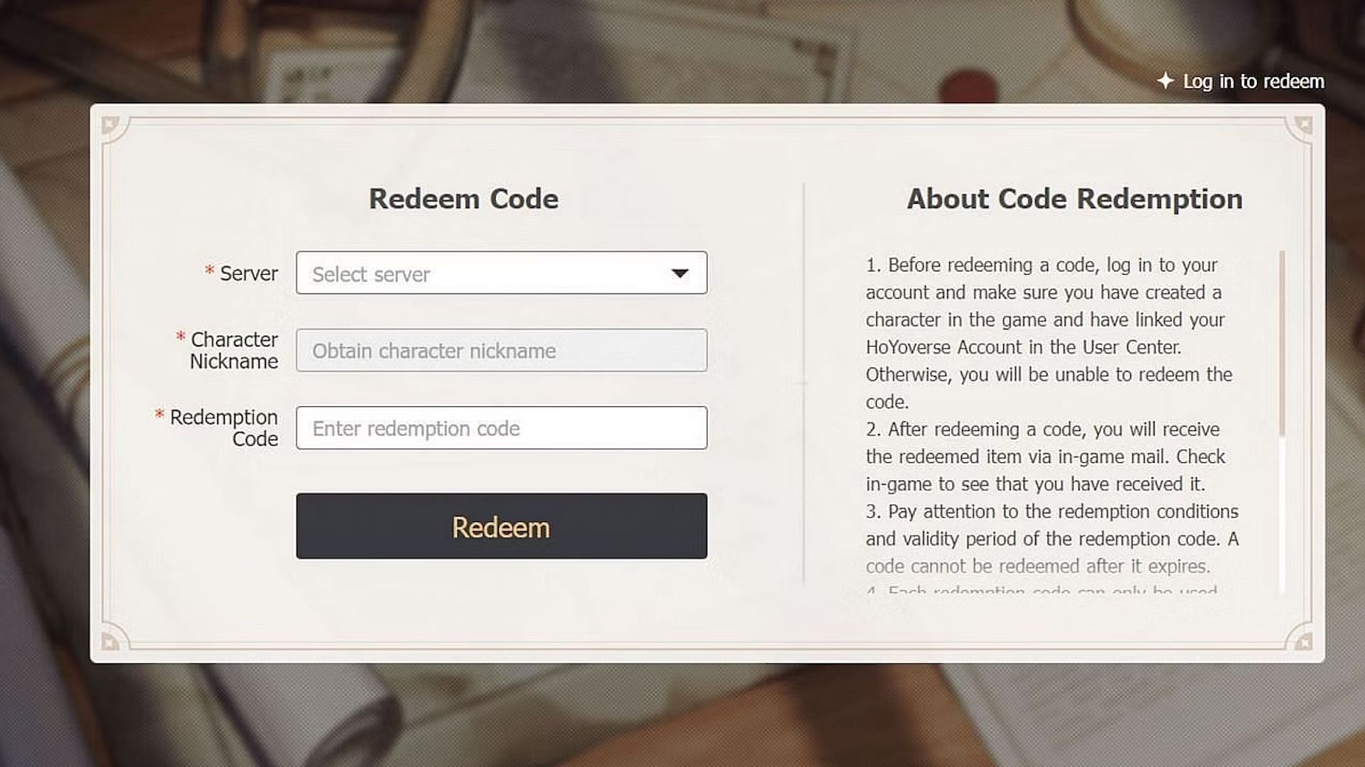 This is the website you can use to redeem the codes (Image via HoYoverse)