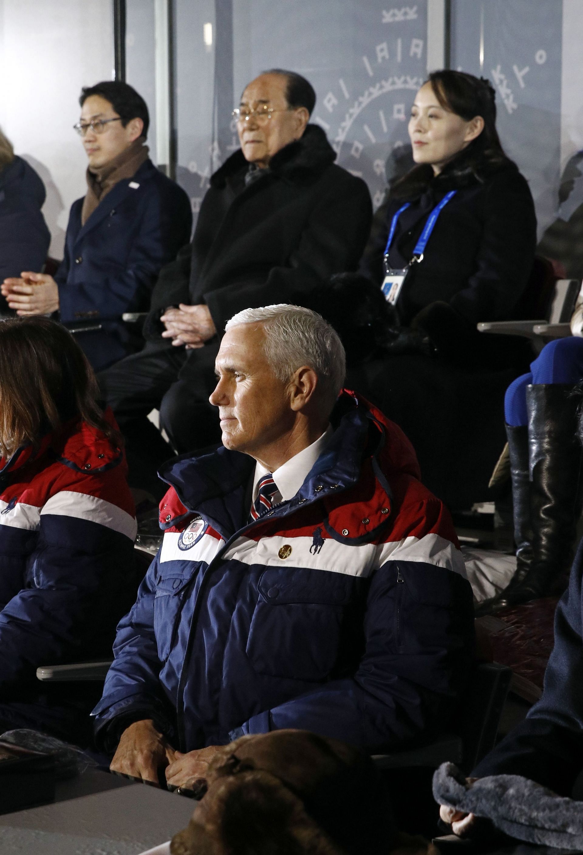 Vice President Mike Pence, bottom, watches the opening ceremony with Kim Yo Jong, top right, sister of North Korean leader Kim Jong U, atf the PyeongChang 2018 Winter Olympic Games at PyeongChang Olympic Stadium on February 9, 2018 in Pyeongchang-gun, South Korea. (Photo by Patrick Semansky - Pool /Getty Images)