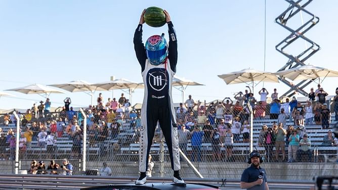 WATCH: Ross Chastain smashes a watermelon from above his car after winning the Nashville Cup Series race