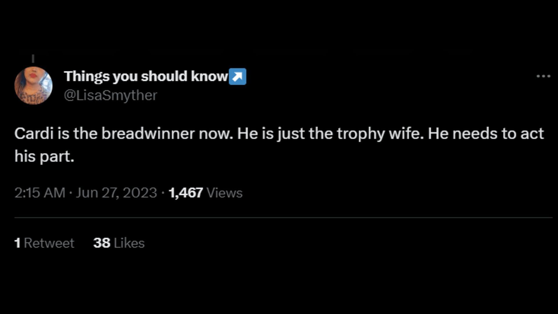 A Twitter user tags Offset as a &quot;trophy wife.&quot; (Image via Twitter/Things you should know)