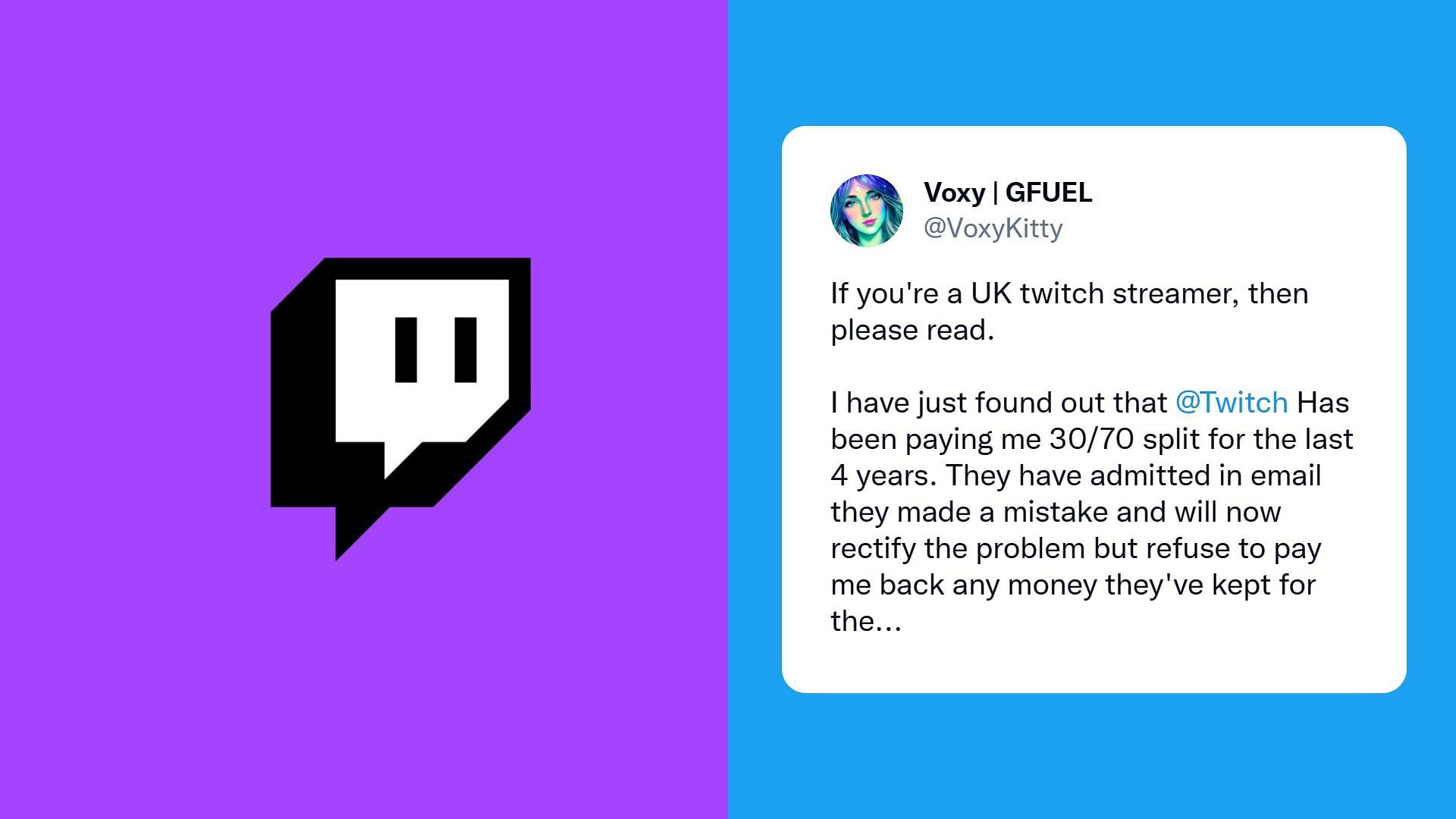 UK Twitch streamer claims she was charged a subscription split of 30/70 over the last four years, claims there are others with similar problems (Image via VoxyKitty/Twitter)