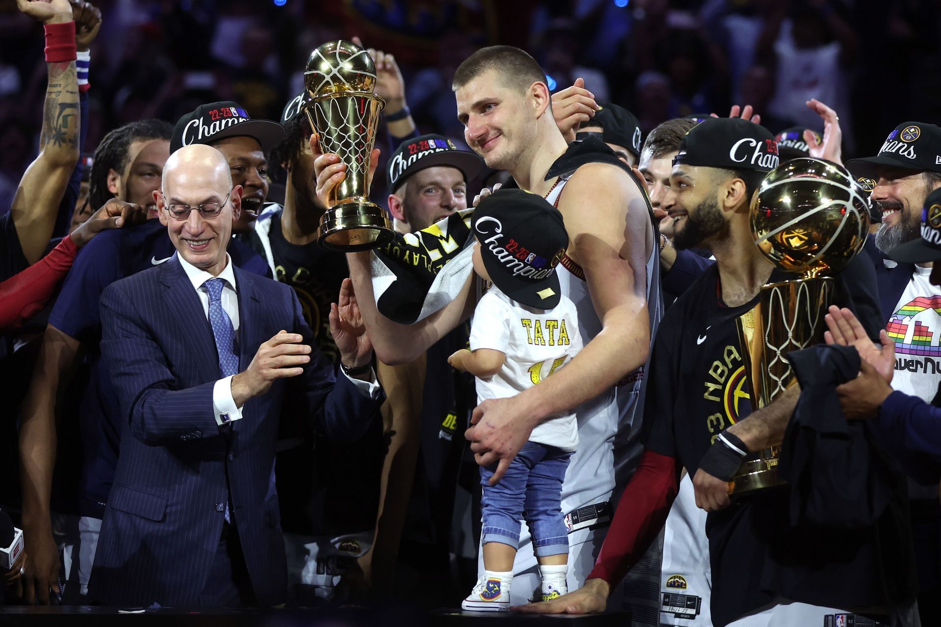 Watch Nikola Jokic and Denver Nuggets go wild in the locker room after