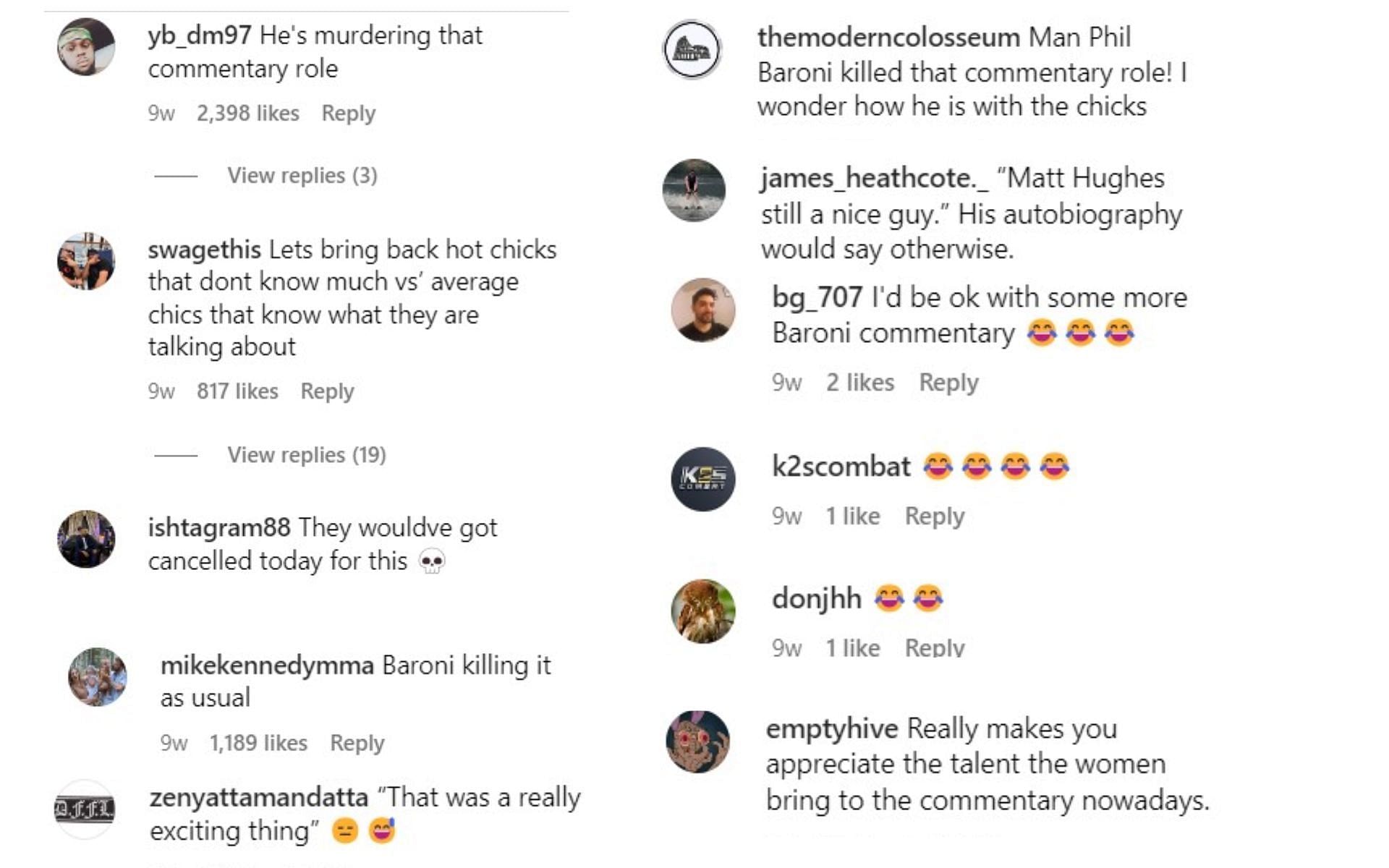 Screenshot of fan reactions to Rogan mocking UFC announcer