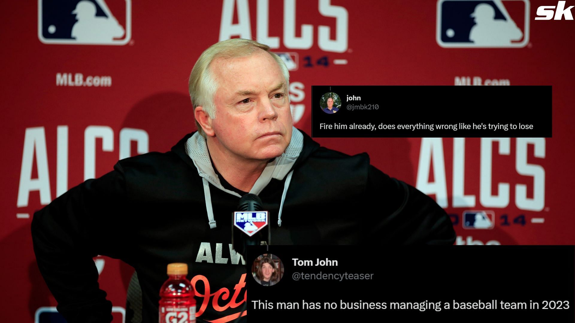 Buck Showalter #26 of the Baltimore Orioles speaks to the media after weather postponed Game Three of the American League Championship Series between the Baltimore Orioles and the Kansas City Royals at Kauffman Stadium on October 13, 2014 in Kansas City, Missouri.