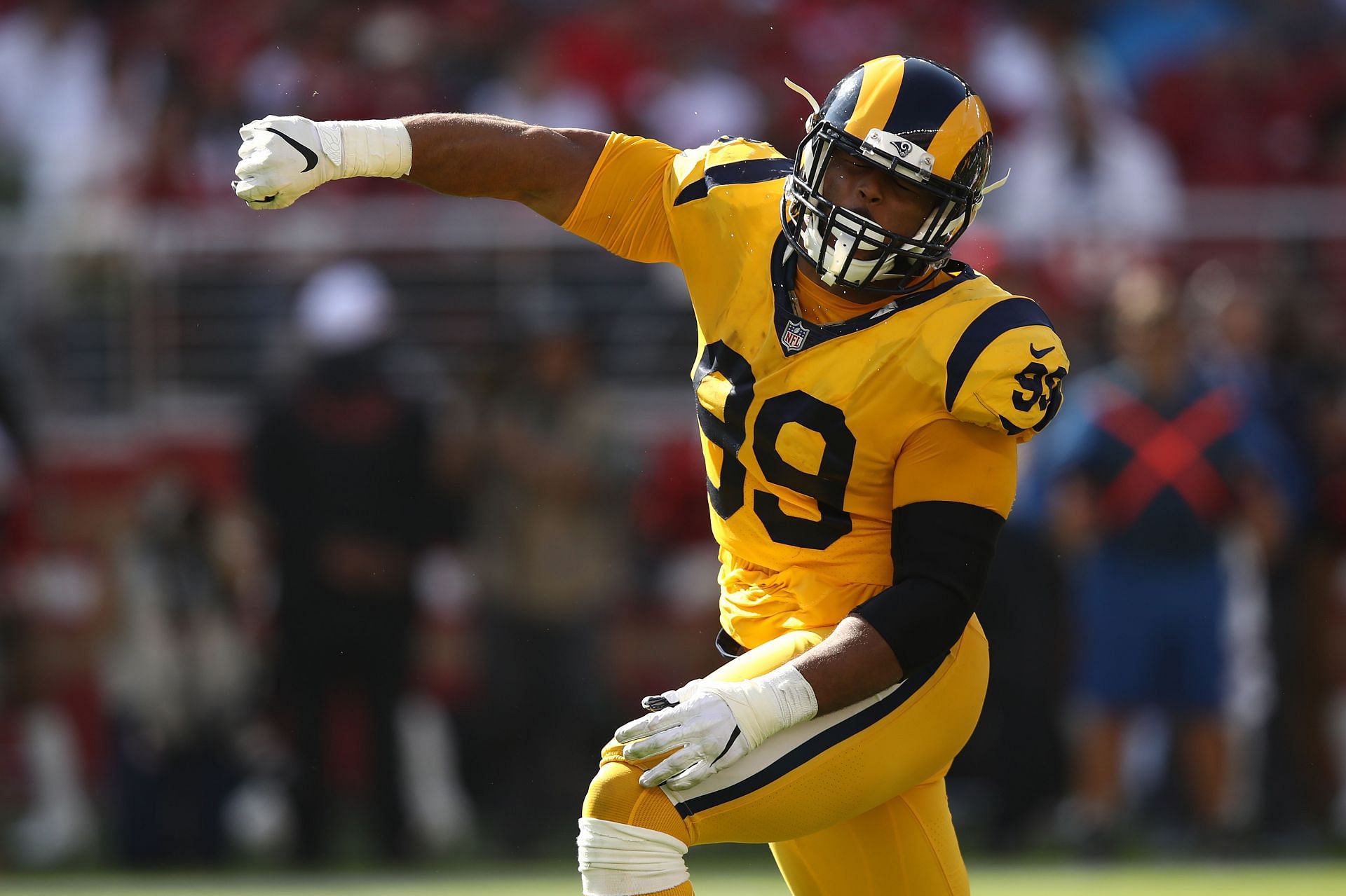 Aaron Donald #99 of the Los Angeles Rams reacts after a sack of C.J. Beathard #3 of the San Francisco 49ers