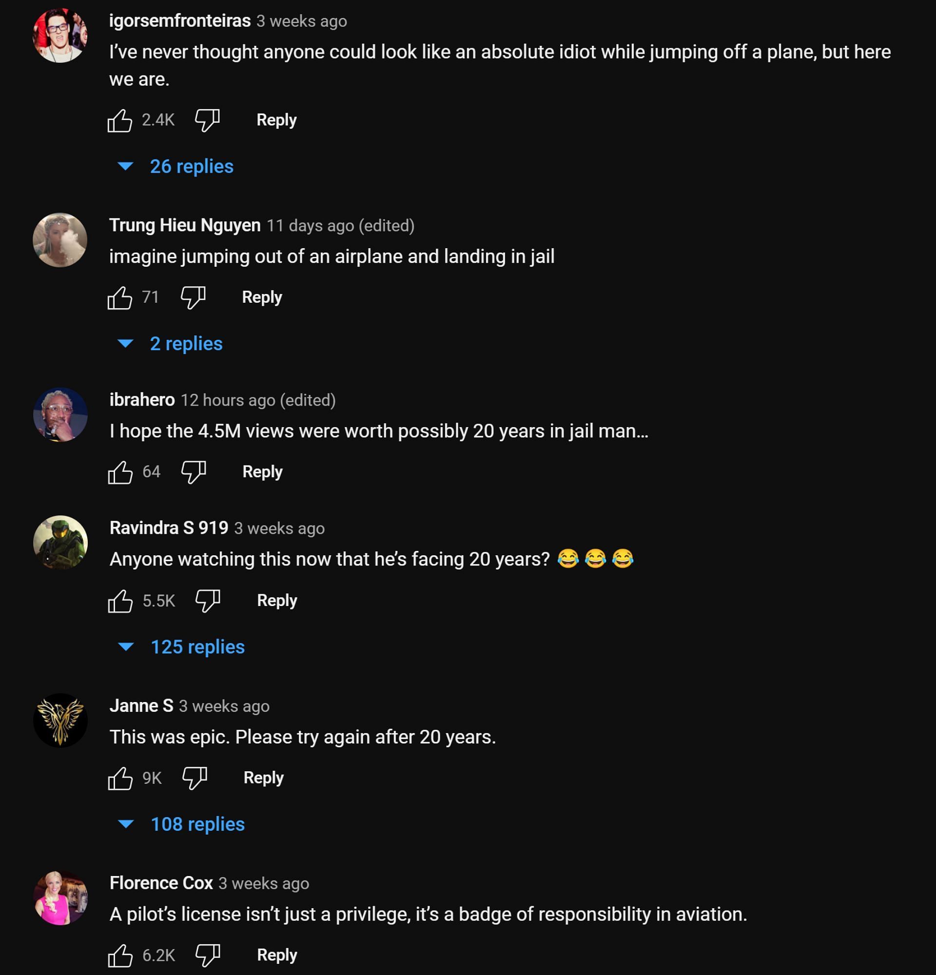 Fans sharing their thoughts on YouTuber facing 20 years in prison after crashing an aircraft (Image via TrevorJacob/YouTube)