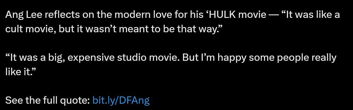 DF&#039;s post about Ang Lee&#039;s comments (Image via Twitter)