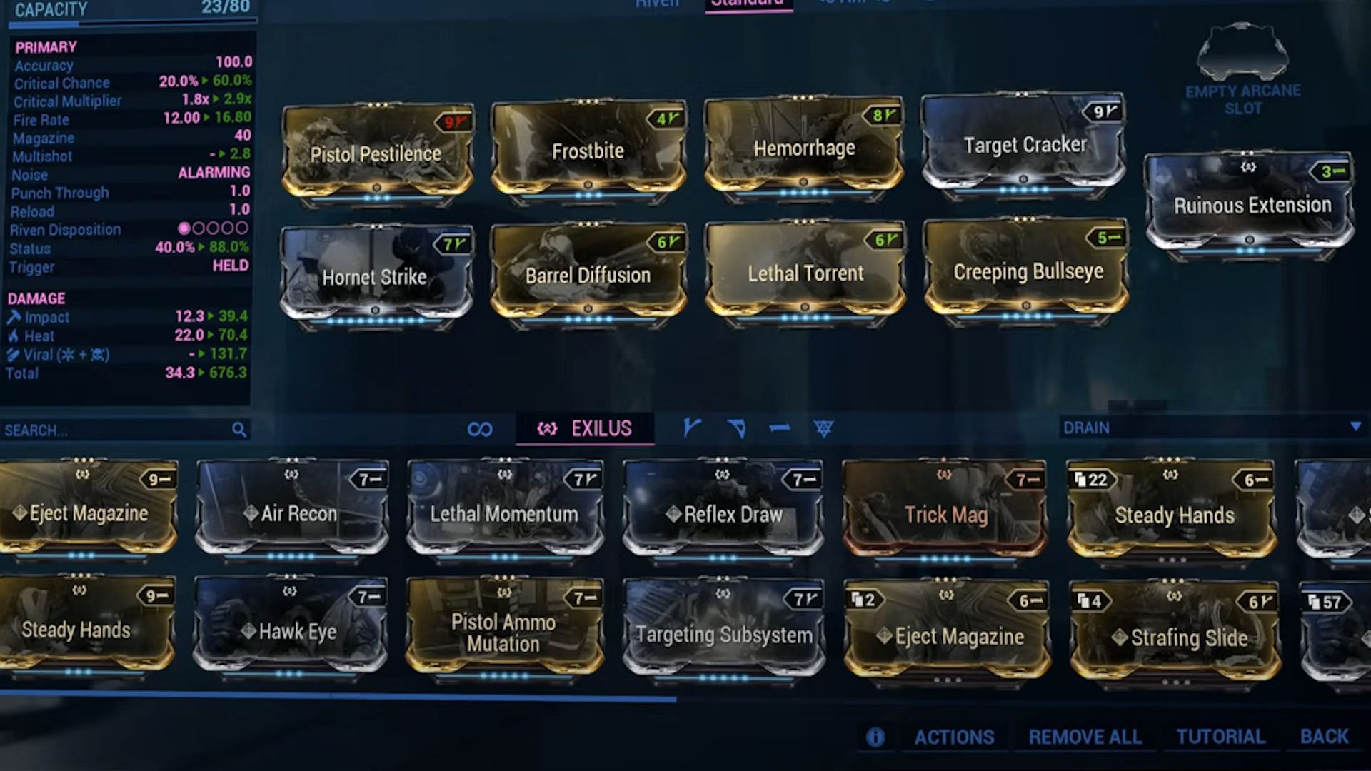 Standard Tenet Cycron build for mid to high-level Warframe content, exchange Target Cracker with the Primed version, and add Secondary Merciless for more power (Image via Digital Extremes)