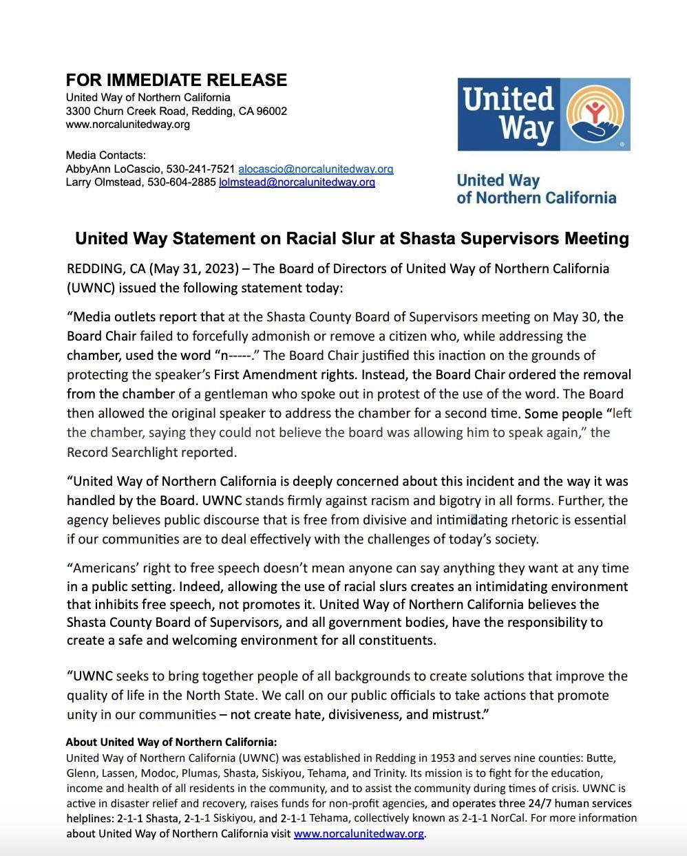 United Way of Northern California released a statement after the Shasta County fiasco. (Image via United Way of Northern California)