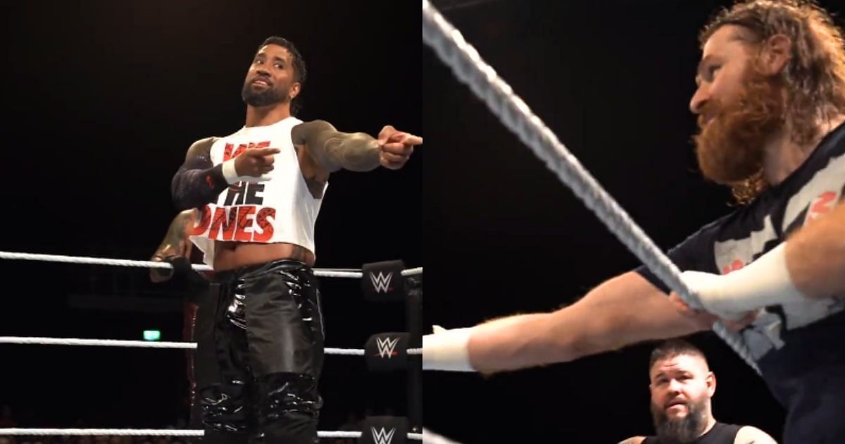 Jey Uso, Kevin Owens, and Sami Zayn during the live event match.