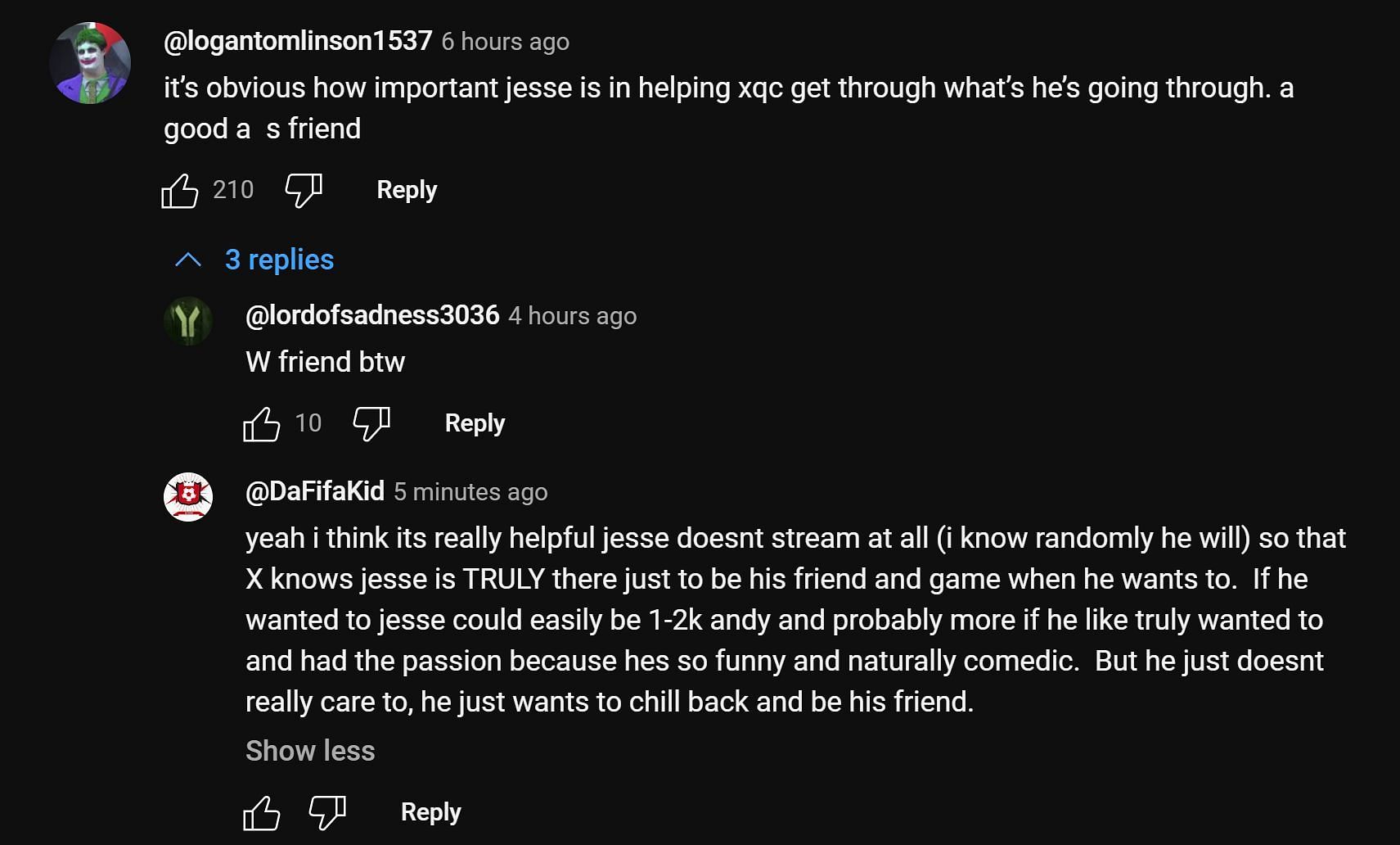 Fans sharing their thoughts on the streamer&#039;s gift for JesseSMFI 1/4 (Image via YouTube)