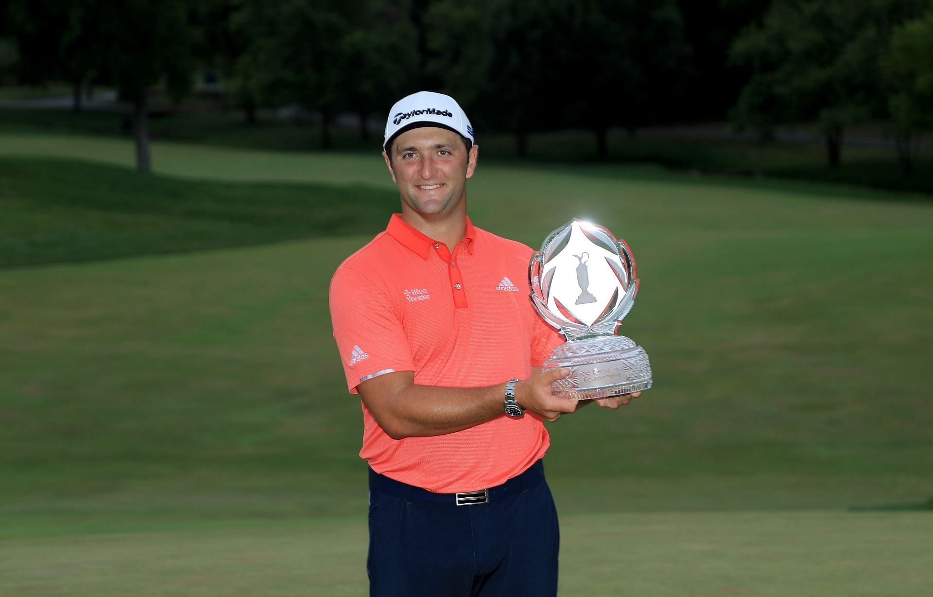 Jon Rahm with the 2020 Memorial Tournament trophy (via Getty Images)