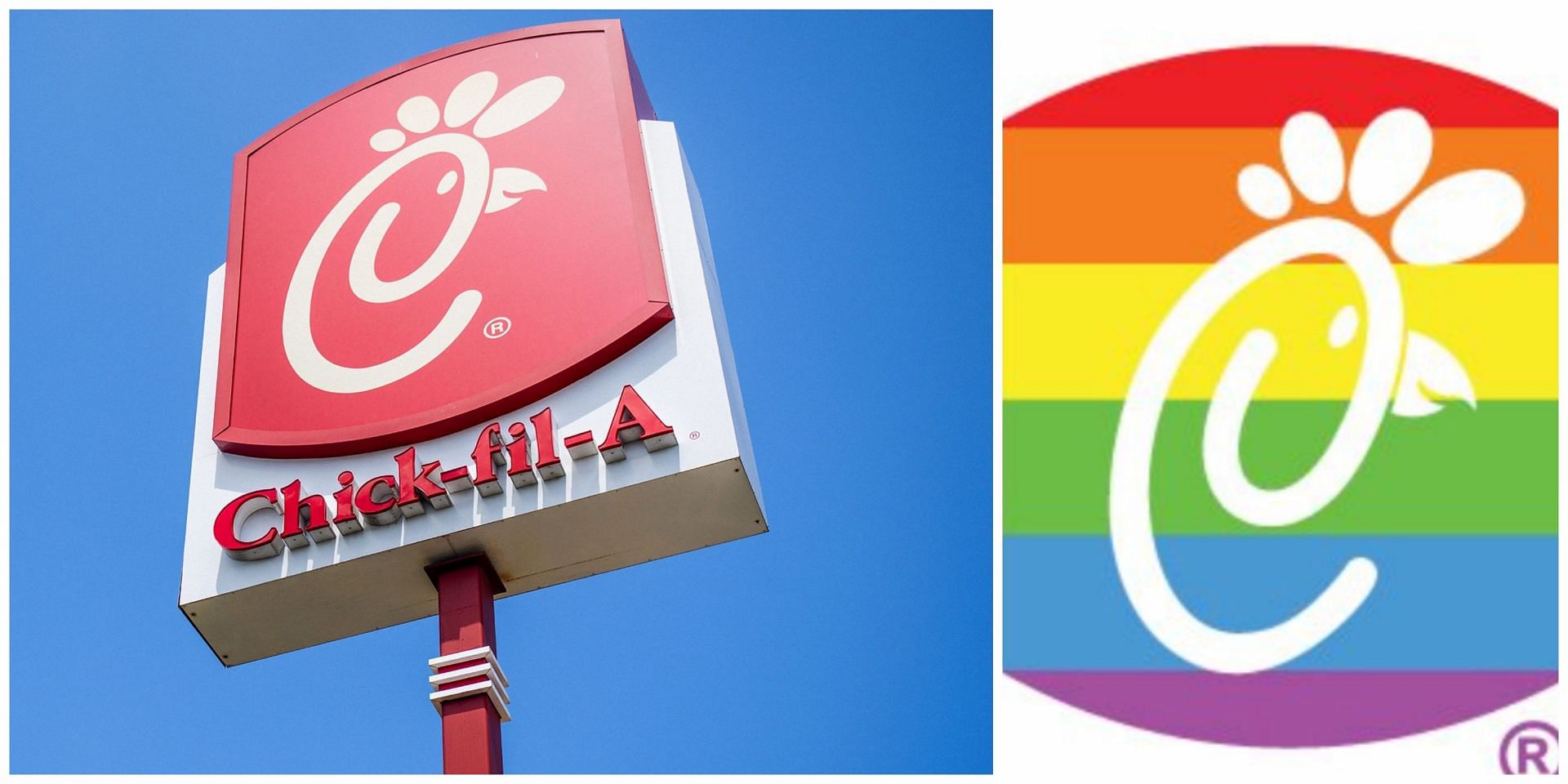 Social media users reacted to the fake news of the fast food chain changing its logo to a LGBTQ-themed one ahead of the Pride Month. (Image via Facebook and Chick Fil A)