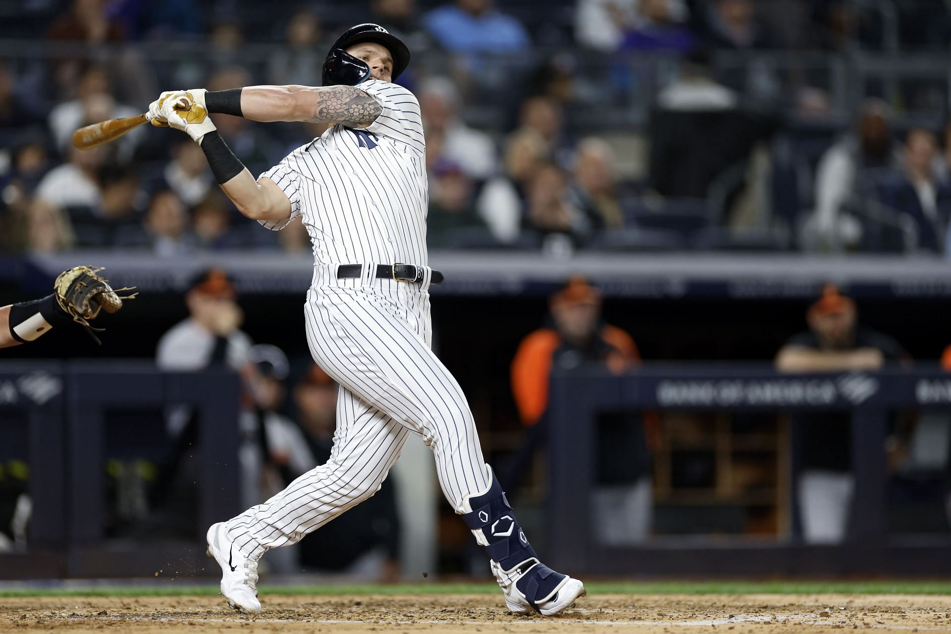 Jake Bauers of the New York Yankees swings at a pitch against the Baltimore Orioles at Yankee Stadium