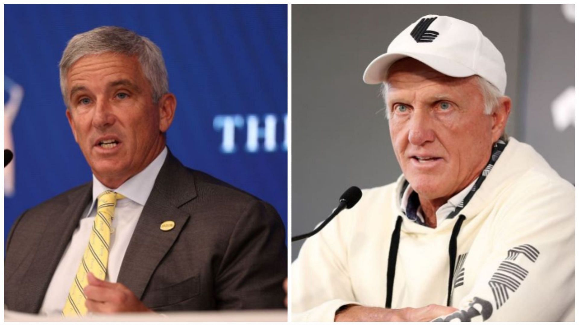 PGA Tour commissioner Jay Monahan and LIV golf CEO Greg Norman (via Getty Images)
