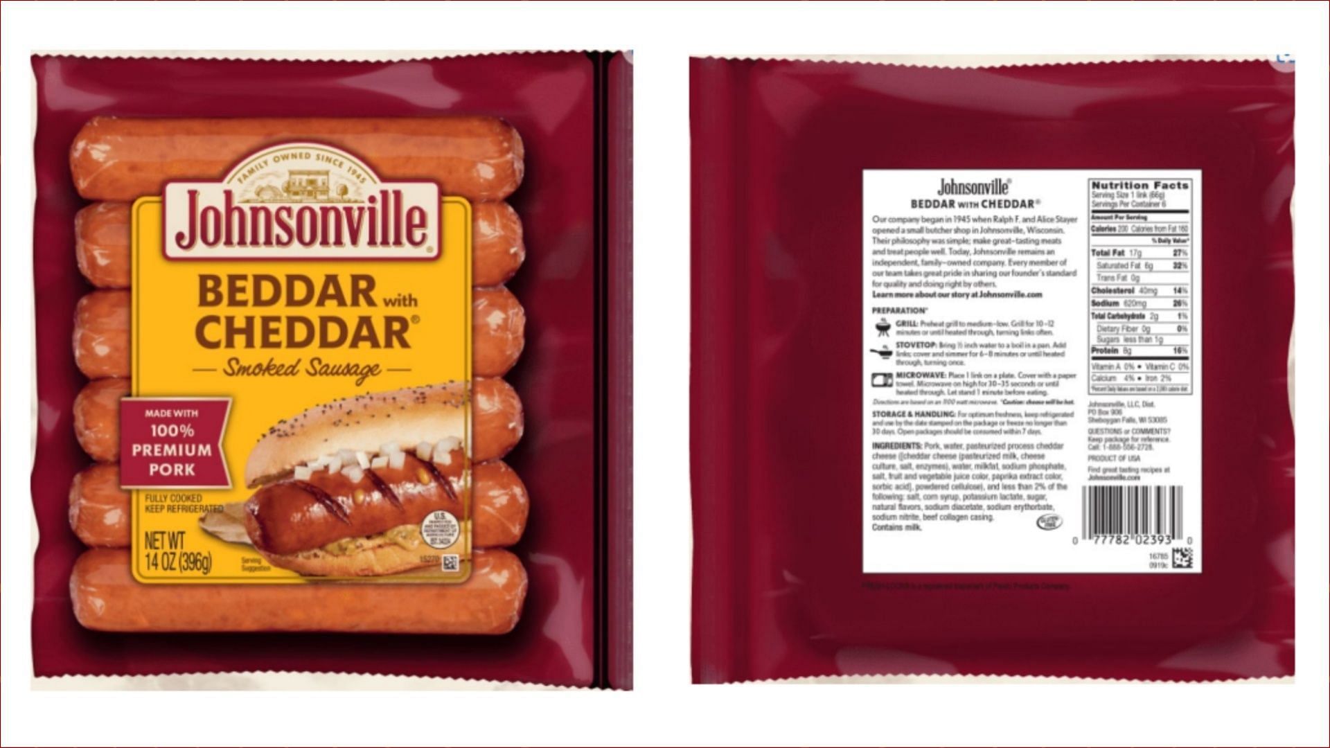 The recalled ready-to-eat sausage products may contain thin black plastic fiber strands (Image via FSIS)