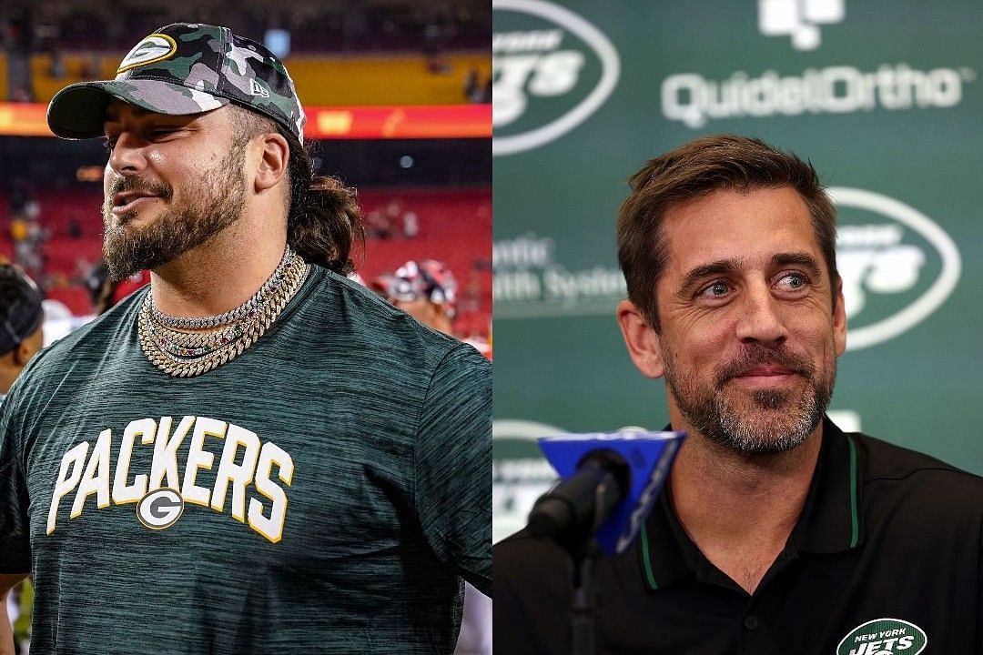 David Bakhtiari, left, Aaron Rodgers, right 