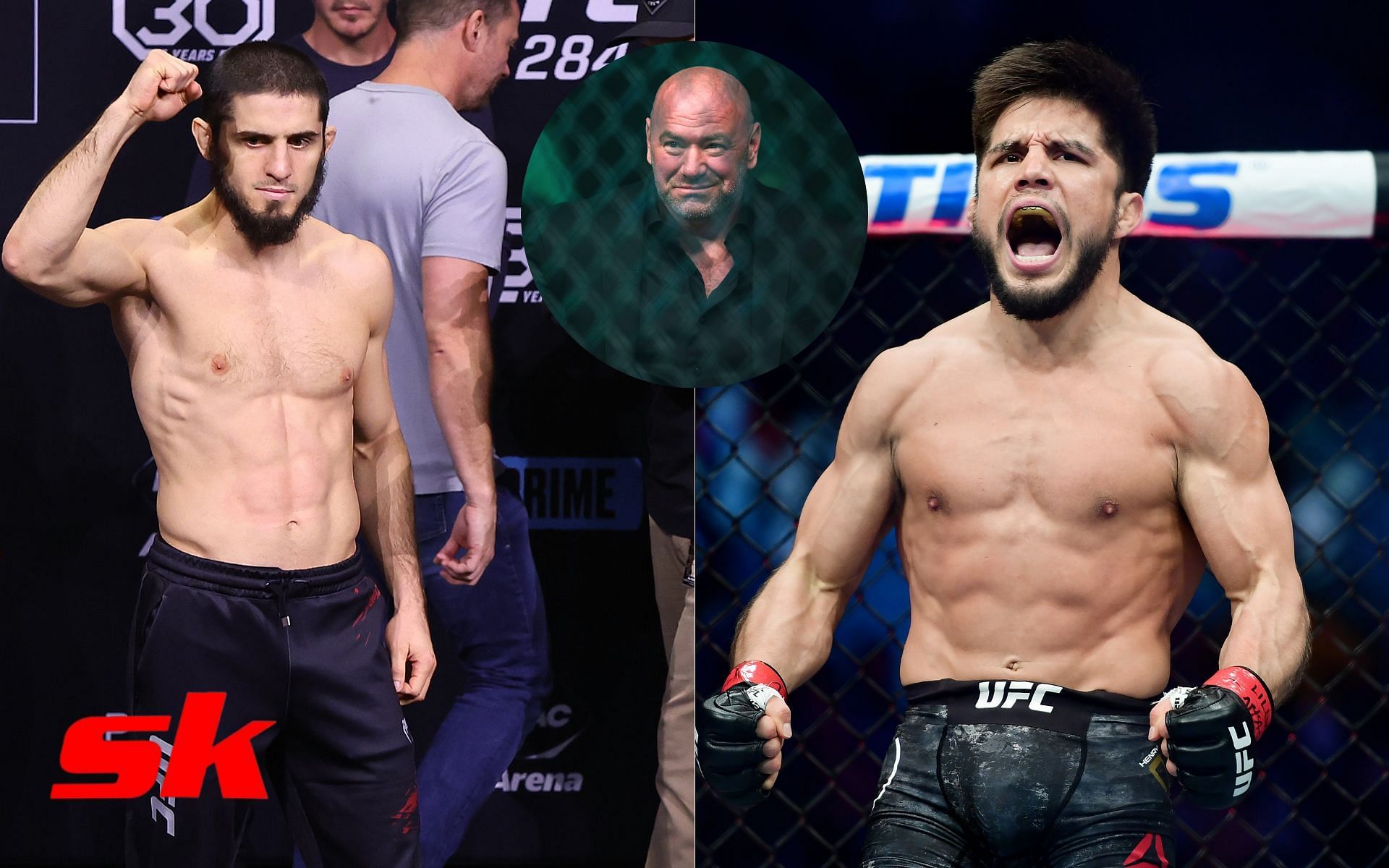 Islam Makhachev (left), Dana White (center), Henry Cejudo (right)