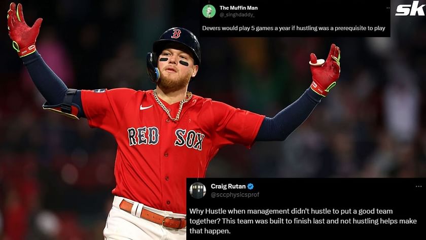 Alex Verdugo reacts with Rafael Devers of the Boston Red Sox after