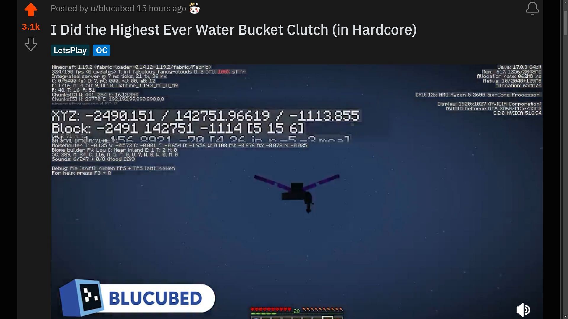 Minecraft Redditor performs the world&#039;s tallest water bucket MLG from Y level 150,000 (Image via Sporktseeda)