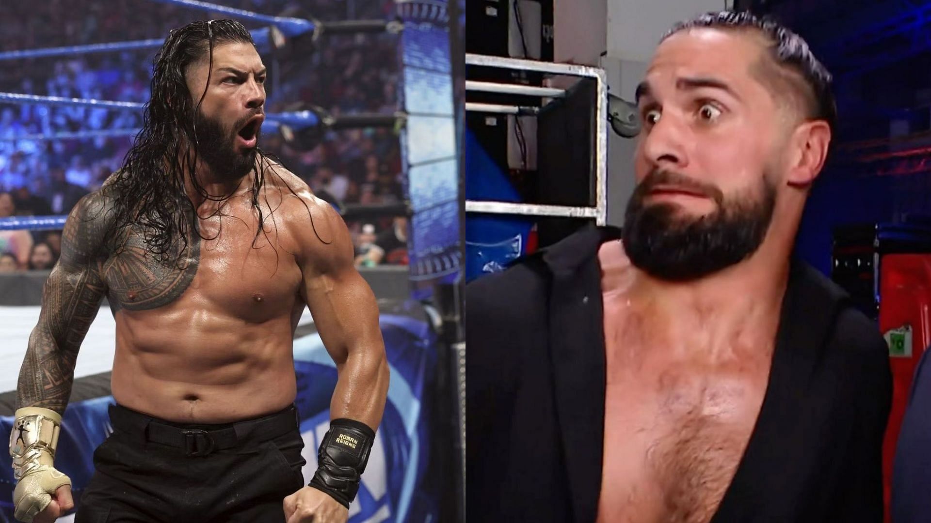 Undisputed WWE Universal Champion Roman Reigns (left) and World Heavyweight Champion Seth Rollins (right)