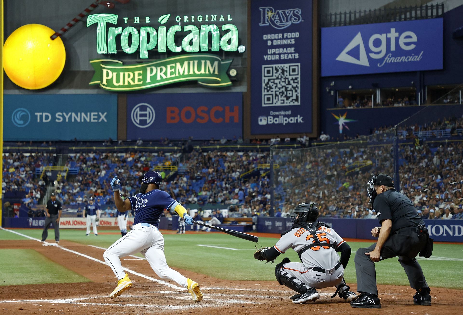 Manuel Margot #13 of the Tampa Bay Rays hits an RBI single in the sixth inning during a game against the Baltimore Orioles at Tropicana Field on June 20, 2023 in St Petersburg, Florida. (Photo by Mike Ehrmann/Getty Images)
