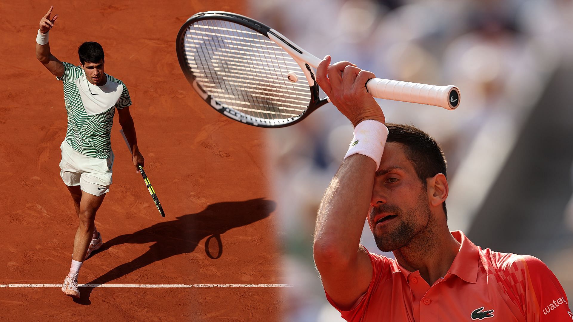 Carlos Alcaraz and Novak Djokovic during the French Open SF