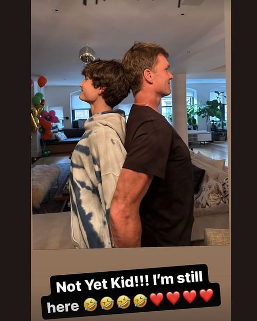 Brady with a message to his son as he's nearing his height. Credit: Tom Brady's IG