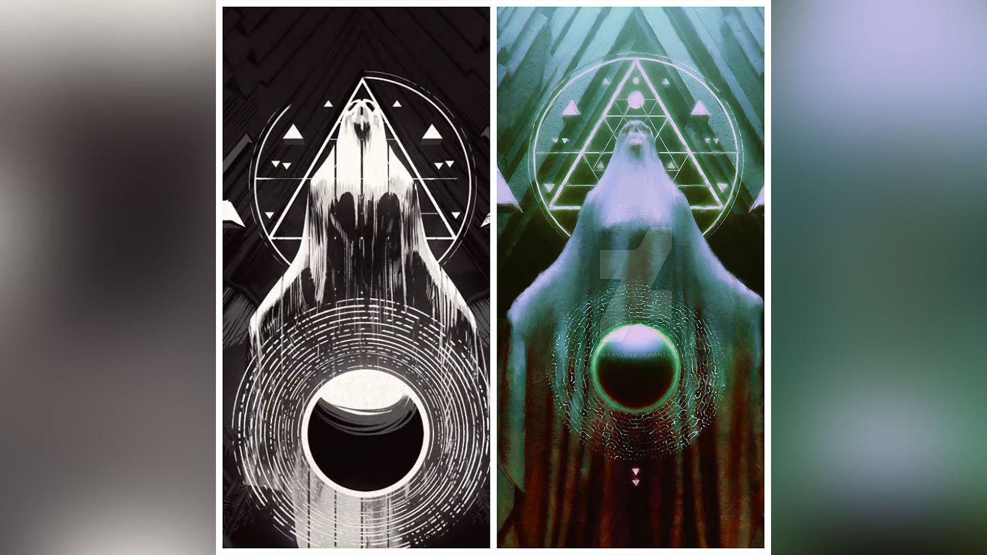 The image seen in the Destiny 2 cutscene (left) vs the image created by the artist (right) (Image via Bungie/Julian Feylona)