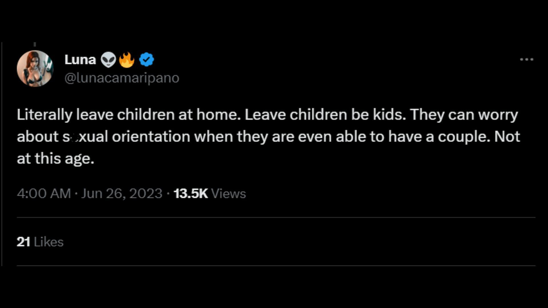 A netizen asks LGBTQ+ parents to leave their children at home while attending Pride Parades. (Image via Twitter/Luna)