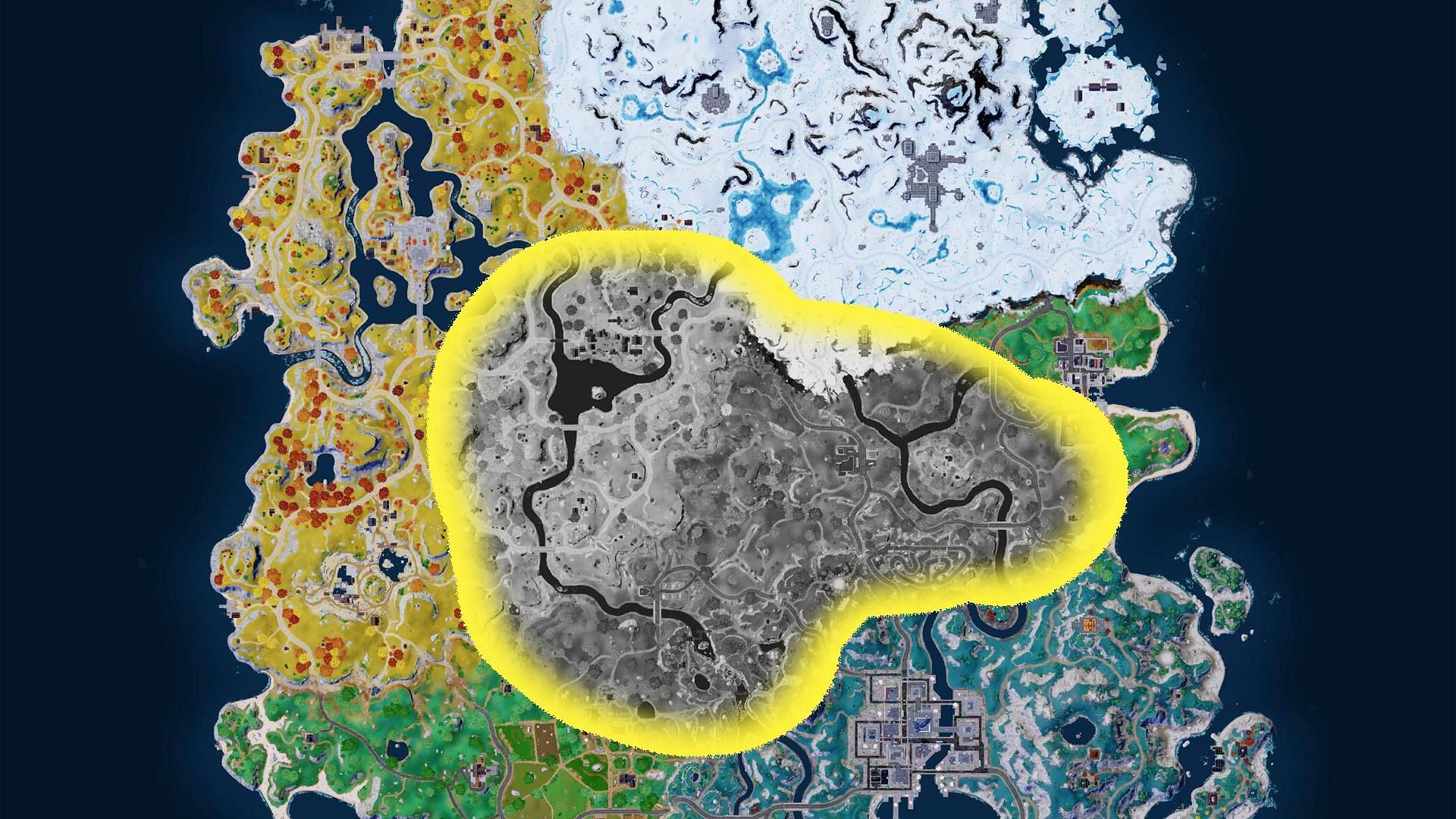 The highlighted area shows a likely location of the upcoming Fortnite biome (Image via Sportskeeda)