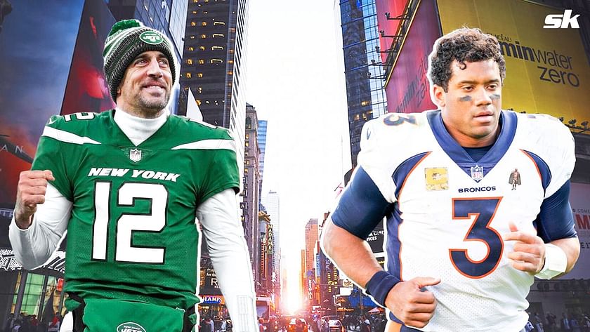 Denver Broncos quarterback Russell Wilson speaks to New York Jets