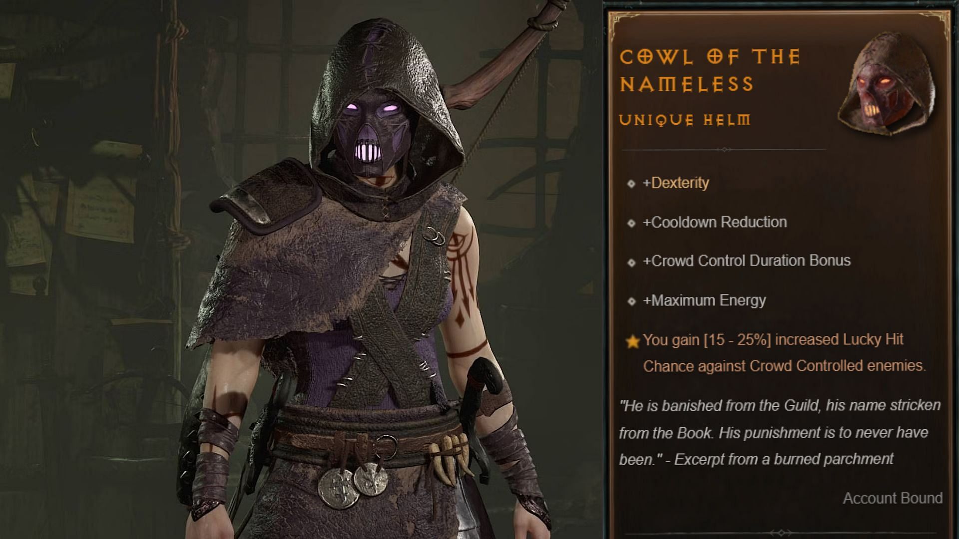 Cowl of the Nameless is a Unique helm for Rogue in Diablo 4 (Image via Blizzard Entertainment)