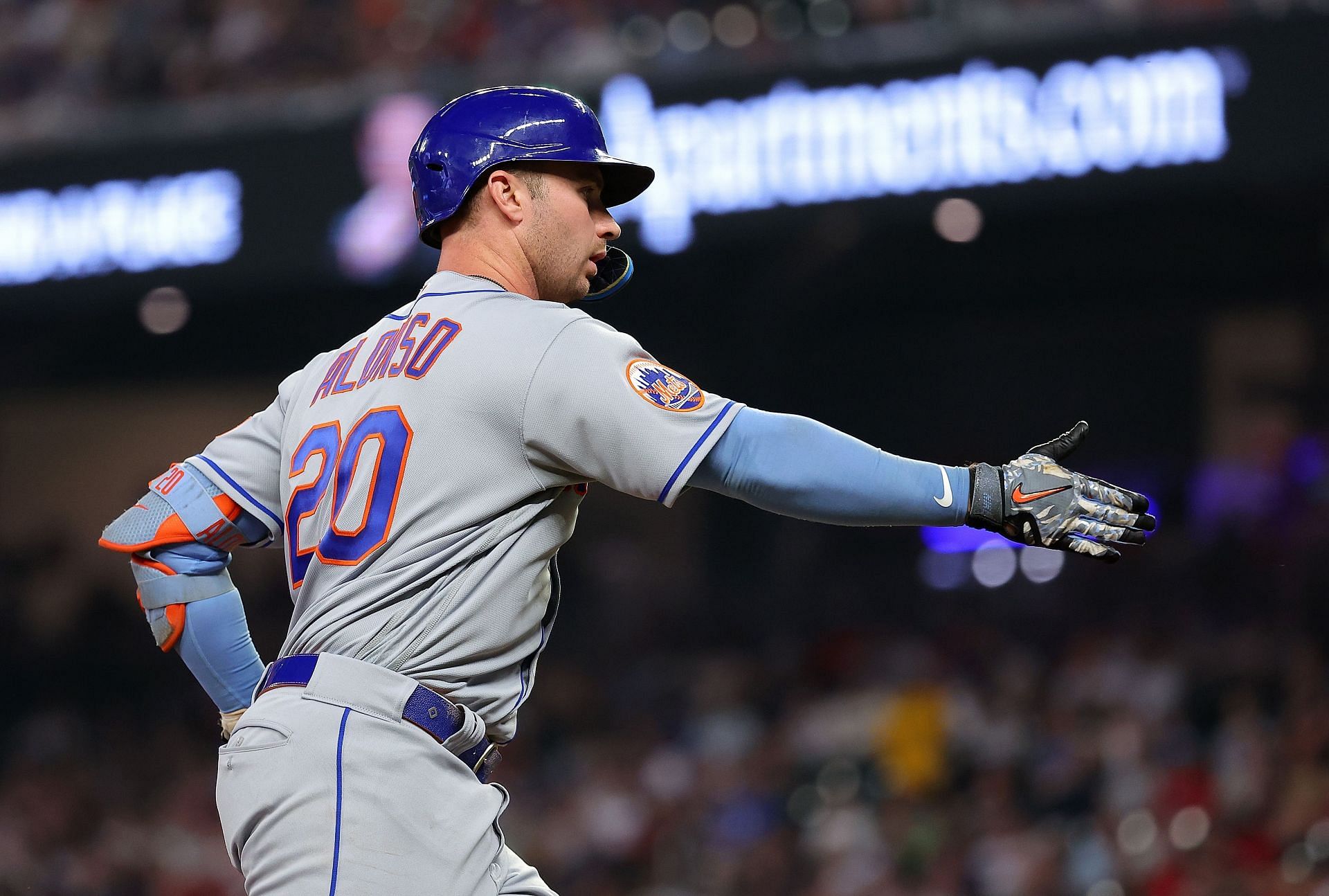 Pete Alonso #20 of the New York Mets reacts as he rounds third base after hitting a two-run homer in the third inning against the Atlanta Braves at Truist Park on June 06, 2023 in Atlanta, Georgia. (Photo by Kevin C. Cox/Getty Images)
