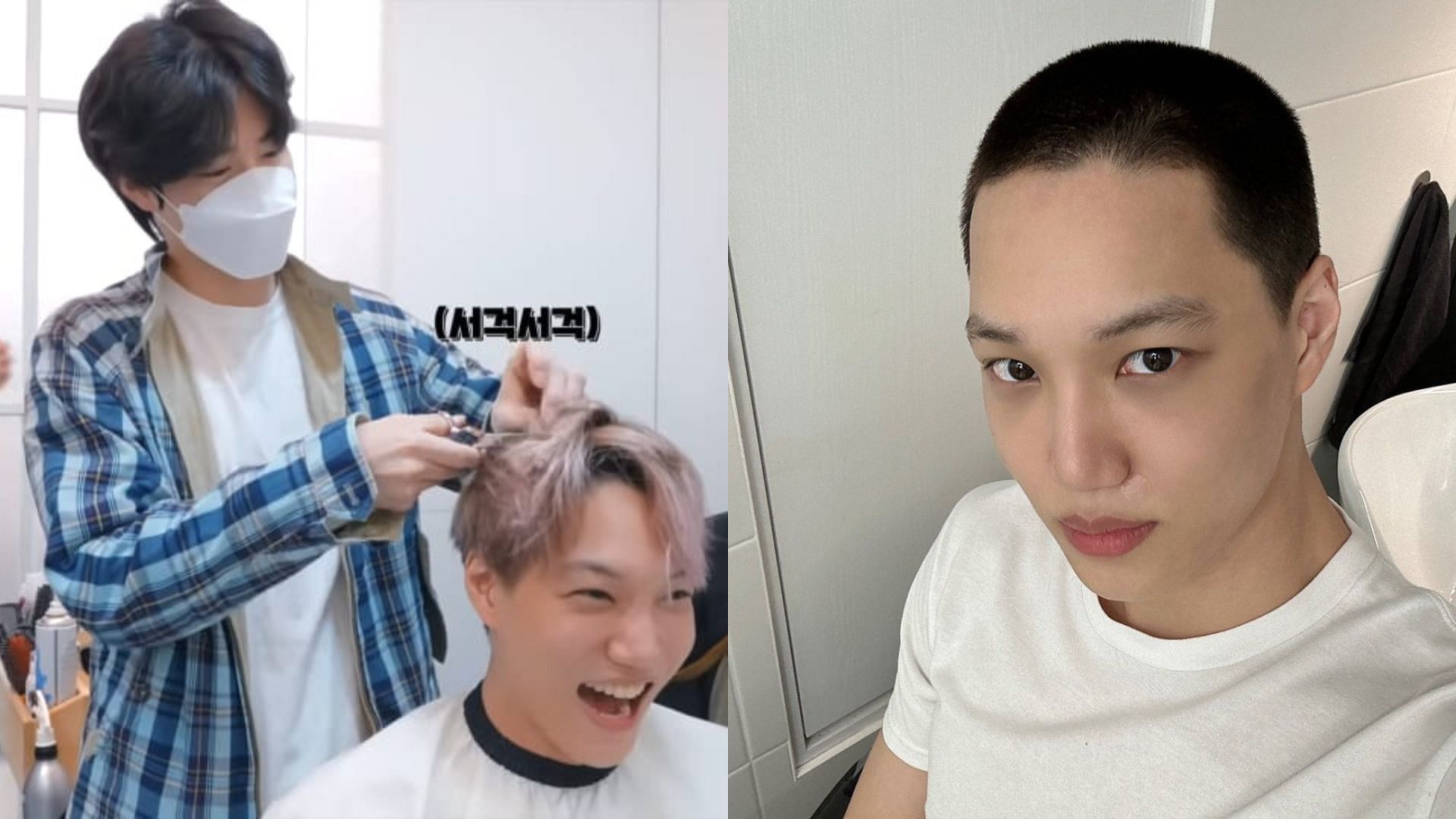 EXO drops vlog of member Kai getting a buzz cut before enlisting in the military. (Images via YouTube/EXO and Twitter/kokokbop)