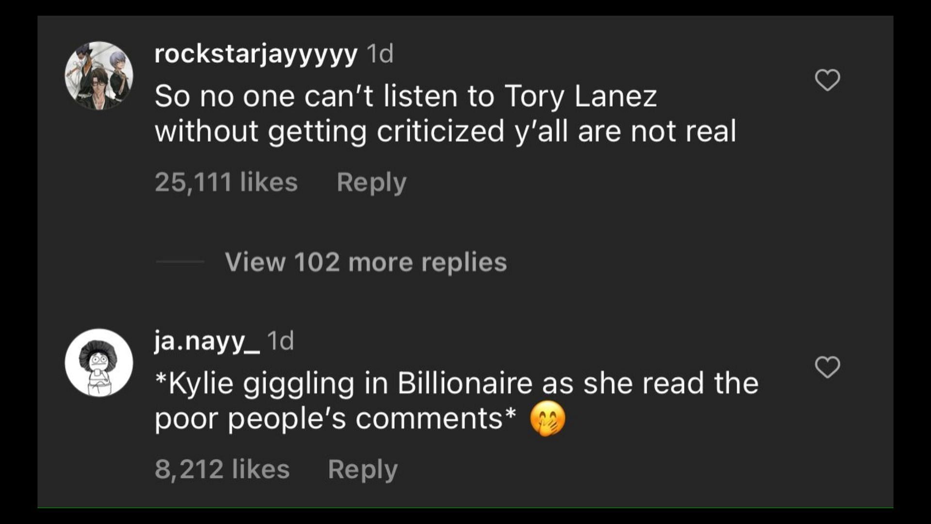 Screenshot of internet users remarking on Jenner playing Tory Lanez&#039;s unreleased song. (Photo via @TheShadeRoom/Instagram)