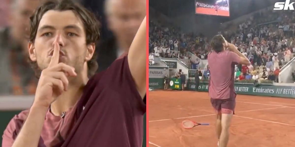 Taylor Fritz shushing Court Suzanne Lenglen crowd during the 2023 French Open