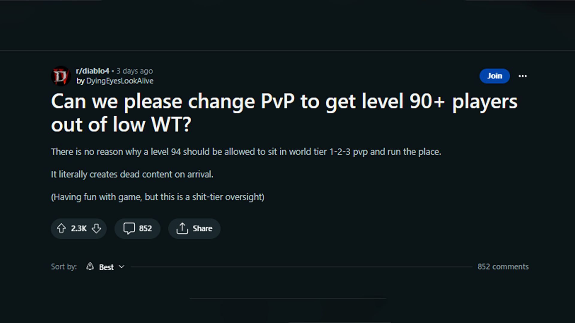 A player&#039;s opinion on Diablo 4 PvP (Image via r/diablo)