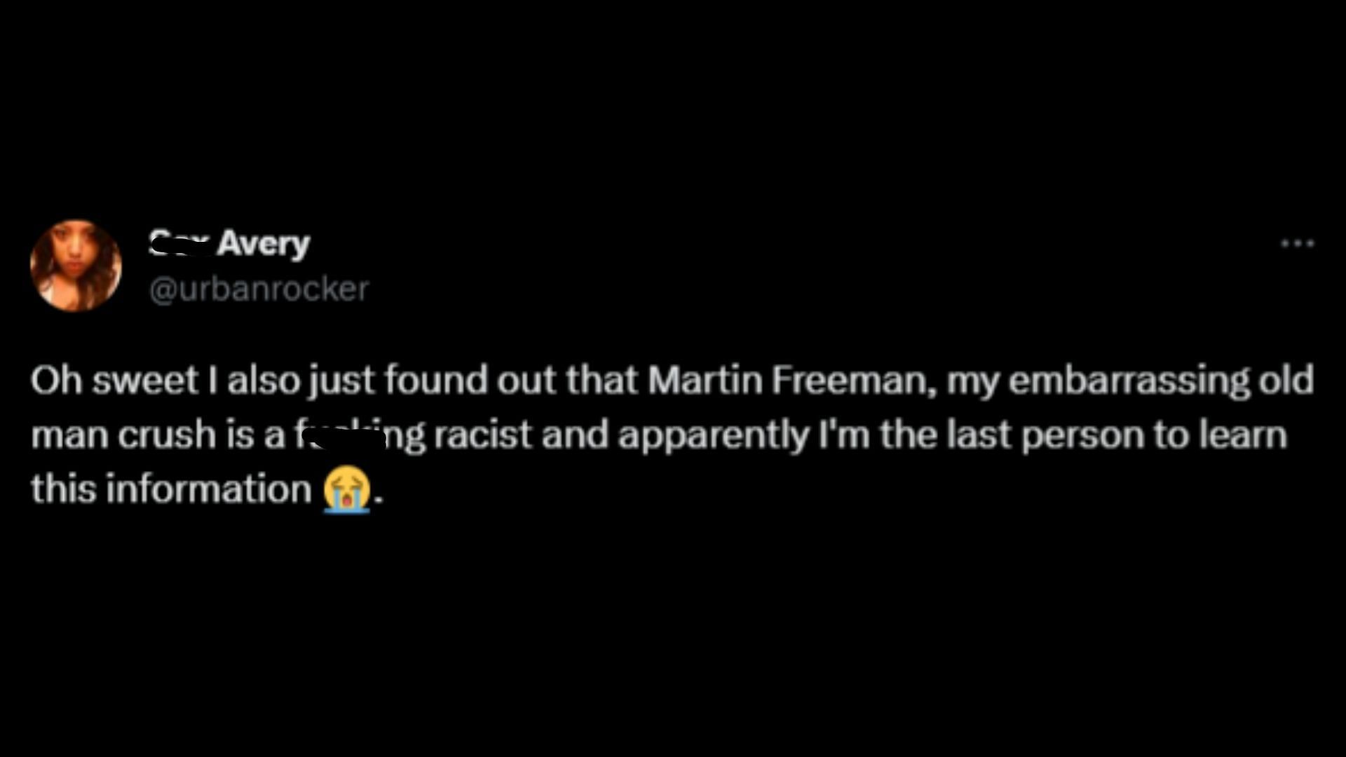 Screenshot of a Twitter user responding to the claims that Martin Freeman is a racist (Image via Twitter)