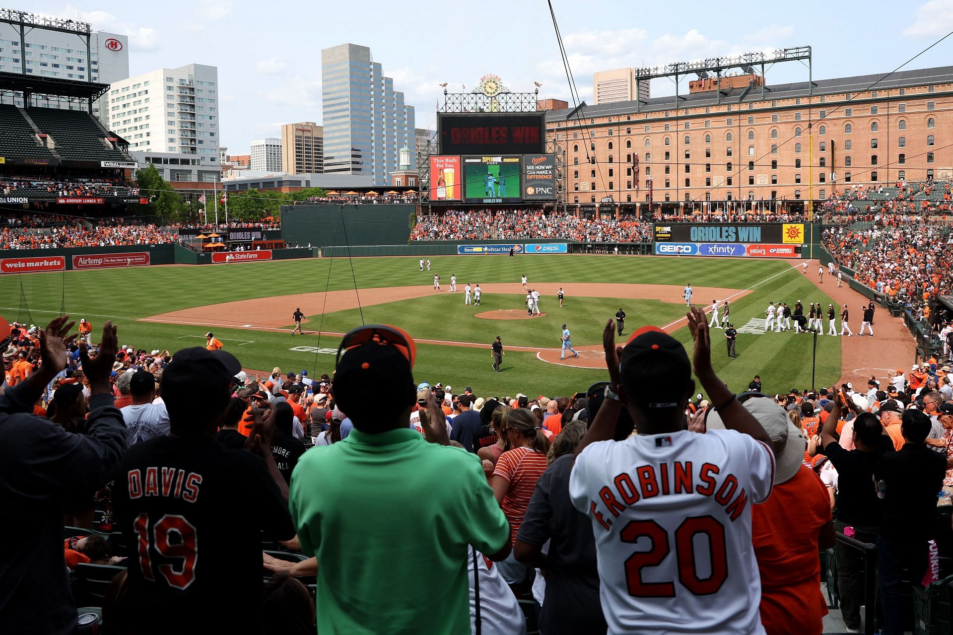 Fans cheer after the Baltimore Orioles defeated the Toronto Blue Jays at Oriole Park at Camden Yards on June 15, 2023