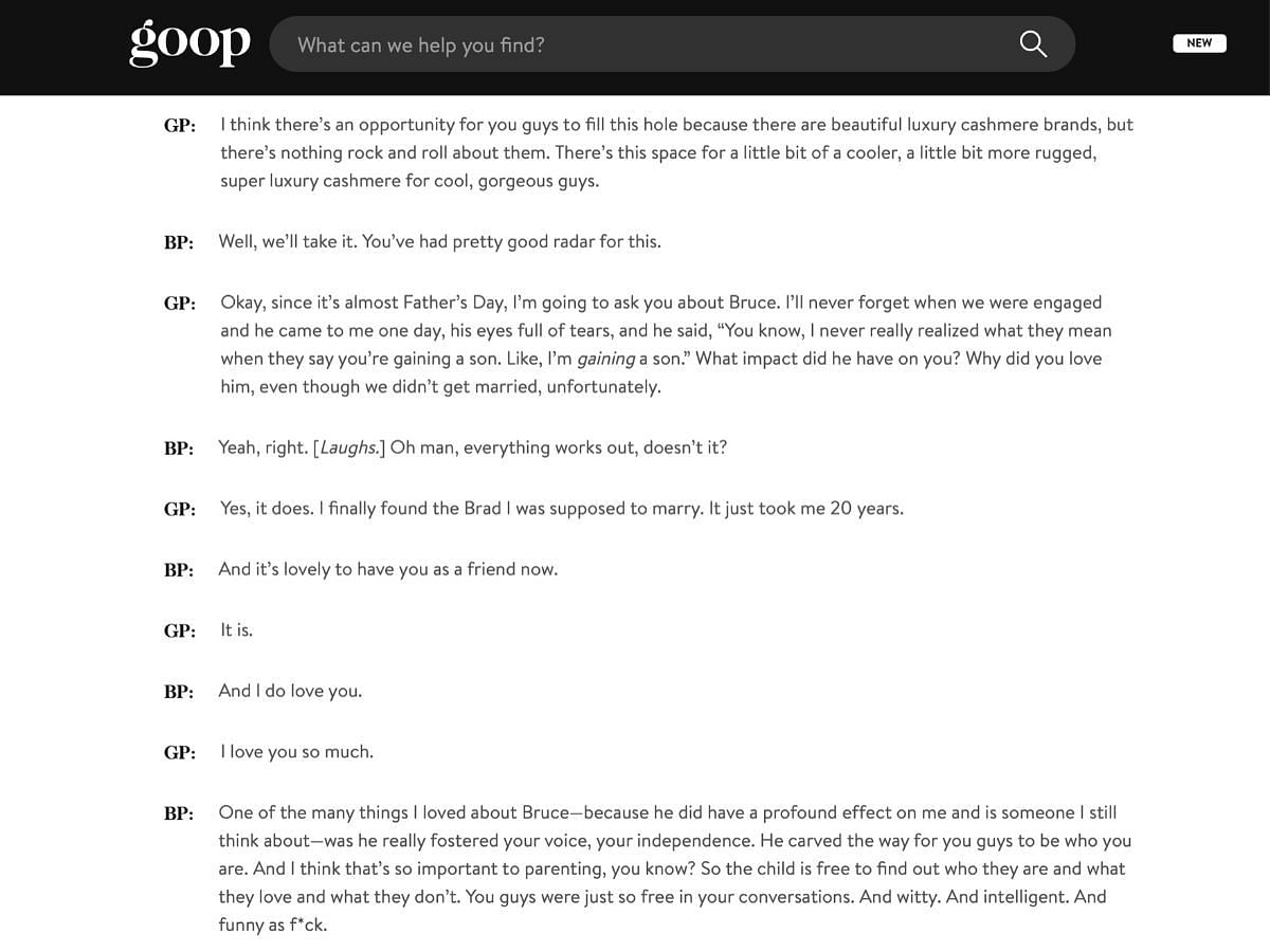 Gwyneth Paltrow&#039;s conversation with Brad Pitt for Goop (Image via Goop)