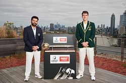 [Watch] Captains Rohit Sharma and Pat Cummins pose with ICC World Test Championship mace ahead of WTC final