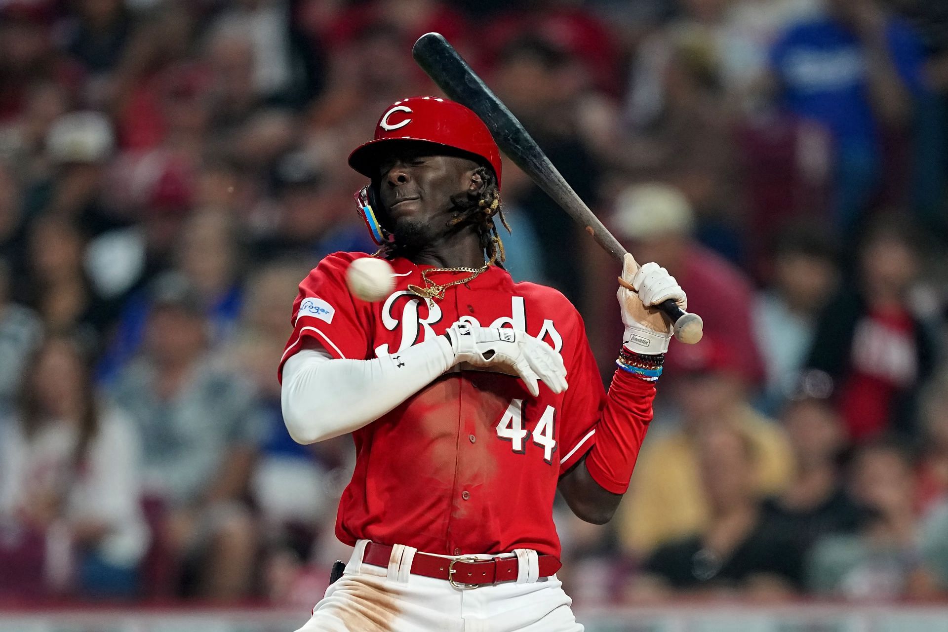 Elly De La Cruz #44 of the Cincinnati Reds ducks an inside pitch in the seventh inning against the Los Angeles Dodgers at Great American Ball Park on June 07, 2023 in Cincinnati, Ohio. (Photo by Dylan Buell/Getty Images)