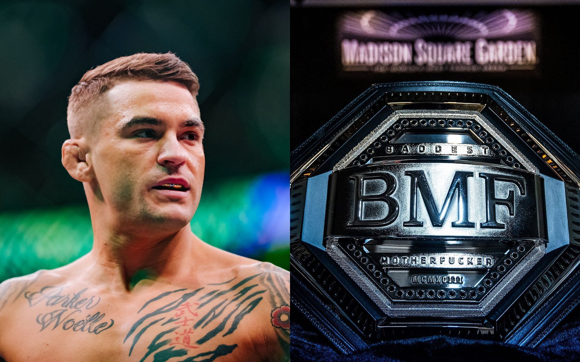 Dustin Poirier (left), BMF belt (right. Image credit: @ufc on Twitter)