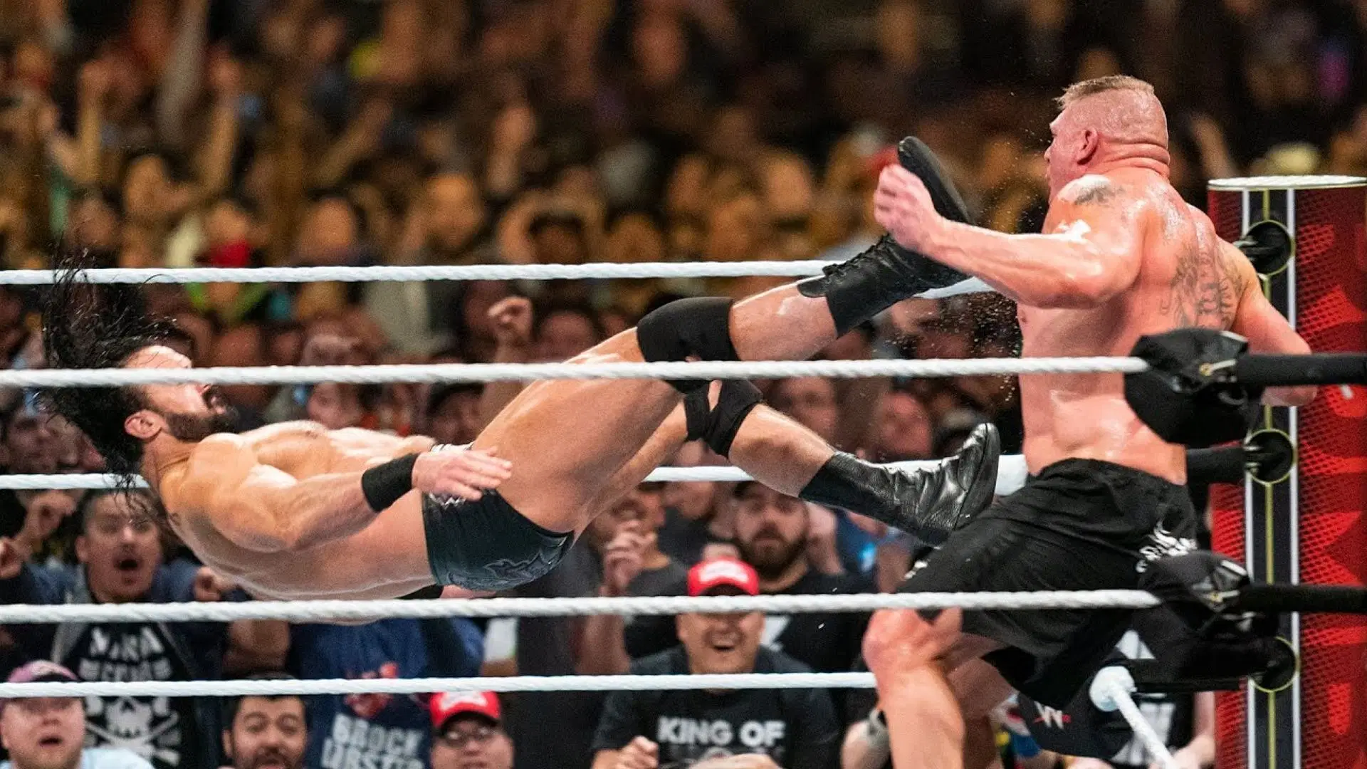 Drew McIntyre hits Brock Lesnar with the Claymore Kick at WWE Royal Rumble 2020.