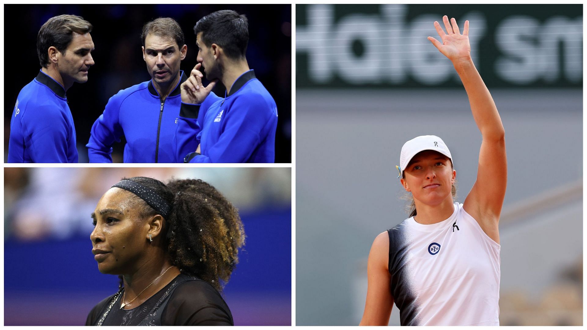 Roger Federer, Rafael Nadal, Novak Djokovic, Serena Williams and Iga Swiatek