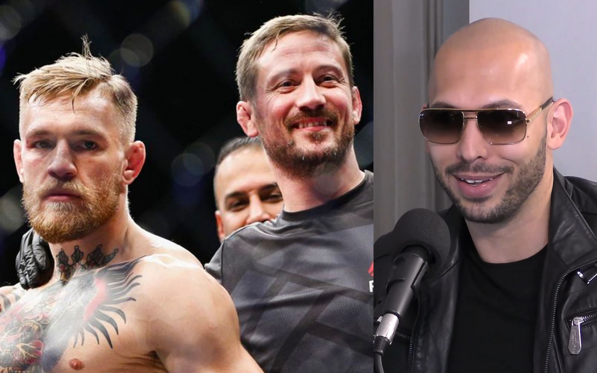 Conor McGregor and John Kavanagh (left) and Andrew Tate (right). [Images courtesy: left image from Getty Images and right image from Wikipedia]
