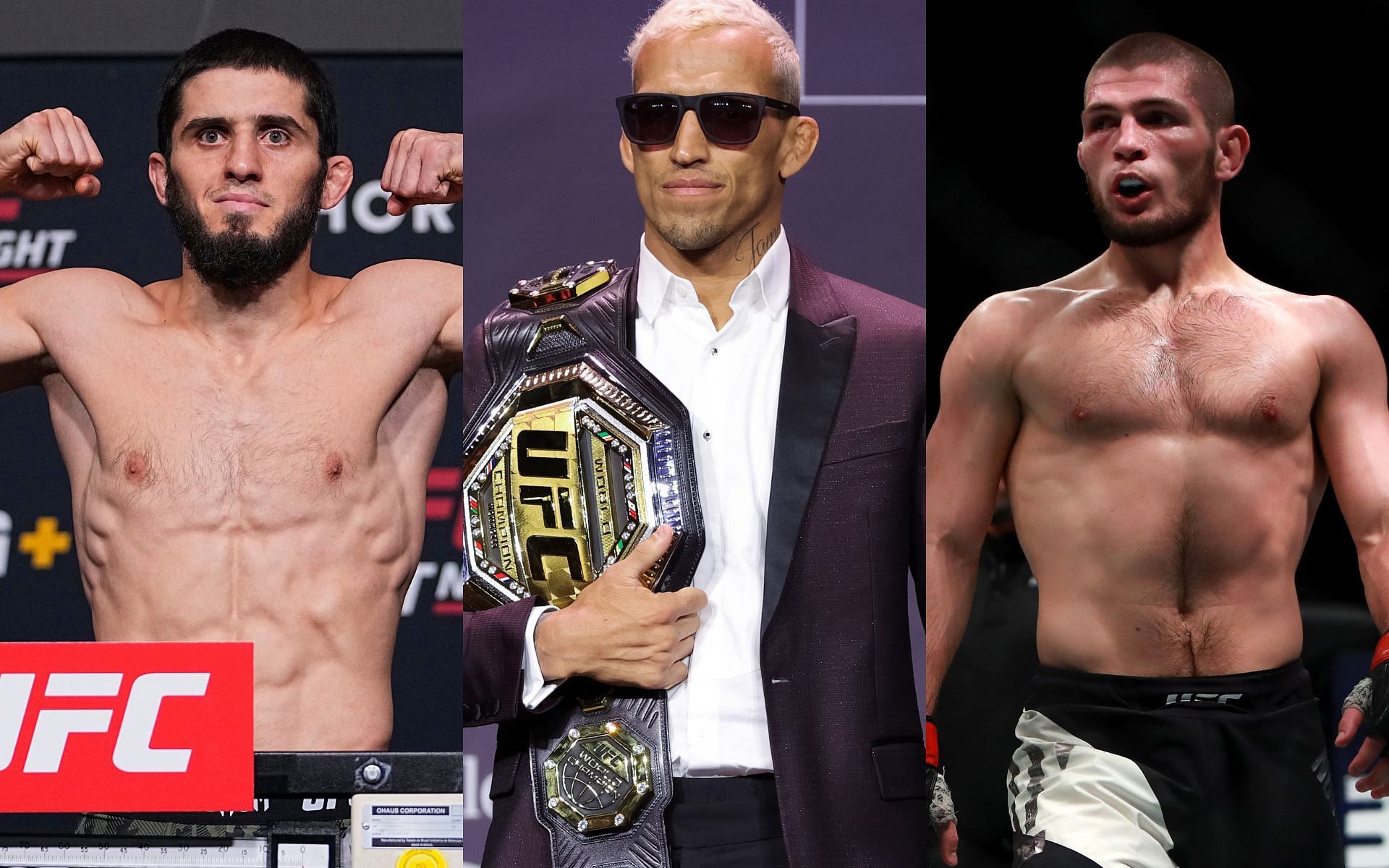 Islam Makhachev (left), Charles Oliveira (middle), Khabib Nurmagomedov (right)