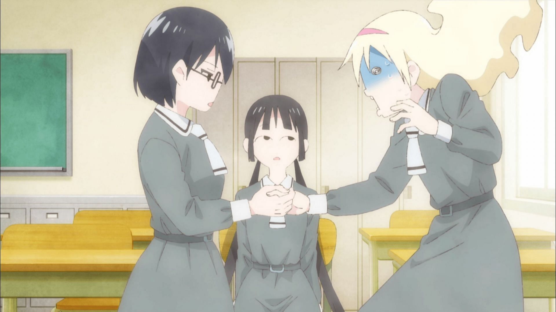 A still from Asobi Asobase featuring the main characters (Image via Lerche)